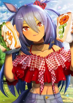 1girl animal_ears bare_shoulders black_choker black_hair choker collarbone commentary_request cowboy_shot dark-skinned_female dark_skin day denim ear_ornament food grass hair_between_eyes hair_ornament hairclip highres hishi_amazon_(casual)_(umamusume) hishi_amazon_(umamusume) holding holding_food horse_ears horse_girl horse_tail jeans licking_lips light_blush light_particles long_hair navel official_alternate_costume otono_(bkt4b) outdoors pants red_eyes sandwich solo stomach tail tongue tongue_out umamusume very_long_hair
