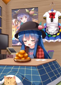 1girl alternate_costume black_hat blue_hair cat closed_eyes drawing_tablet food fruit hat highres hinanawi_tenshi indoors leaf long_hair monitor open_mouth orange_(fruit) peach poster_(object) red_eyes ruu_(tksymkw) sleeping solo touhou window
