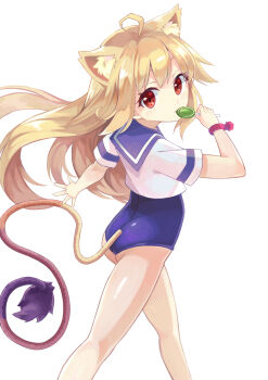 1girl ahoge animal_ears ass blonde_hair candy cat_ears character_request eating female_focus flat_ass food from_behind from_side highres lion_ears lion_tail lollipop long_hair long_tail looking_back one-piece_swimsuit original red_eyes school_swimsuit school_uniform serafuku shirt solo swimsuit swimsuit_under_clothes tail walking xuan_chu