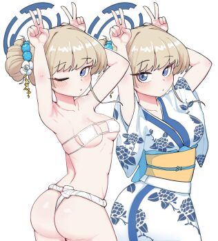 Rule 34 | armpits, blonde hair, blue archive, blue eyes, breasts, commentary request, double v, flower, fundoshi, hair bun, hair flower, hair ornament, halo, highres, japanese clothes, kimono, korean commentary, mago cats, medium breasts, one eye closed, pale skin, short bangs, toki (blue archive), twisted torso, v, white kimono