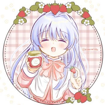 1girl :d ^_^ blue_hair blush bow bowtie capelet closed_eyes commentary_request dual_wielding facing_viewer flower food fruit gingham_background hair_between_eyes hair_intakes hands_up highres holding holding_food holding_fruit holding_jar jam jar kanon konomi_(konomi00e) leaf long_hair long_sleeves minase_nayuki open_mouth outline pink_bow pink_bowtie plaid_background school_uniform sidelocks simple_background smile solo strawberry translated twitter_username upper_body very_long_hair white_capelet white_flower white_outline