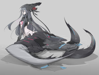 Rule 34 | 1girl, absurdres, black hair, breast curtains, cdlo, grey background, grey tail, headgear, highres, lamia (npc) (pgr), lamia (pgr), long hair, mechanical arms, mermaid, mermaid costume, midriff, monster girl, punishing: gray raven, purple eyes, sidelocks