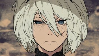 1girl 2b_(nier:automata) bleeding blood blood_on_face blue_eyes close-up closed_mouth crying crying_with_eyes_open cuts frown hair_between_eyes highres injury jetstream012 looking_at_viewer mole mole_under_mouth nier:automata nier_(series) portrait sandstorm short_hair solo tears white_hair