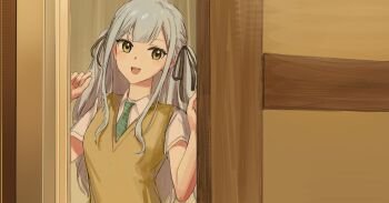 Rule 34 | 1girl, absurdres, bang dream!, bang dream! it's mygo!!!!!, black ribbon, blue hair, brown sweater vest, commentary, diagonal-striped clothes, diagonal-striped necktie, green necktie, hair ribbon, haneoka school uniform, highres, long hair, necktie, open mouth, ribbon, school uniform, shirt, short sleeves, sidelocks, solo, striped clothes, sweater vest, teeth, togawa sakiko, two side up, upper teeth only, white shirt, xinyi6239222644, yellow eyes