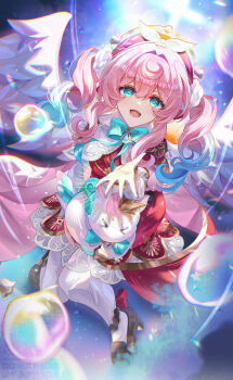 Rule 34 | 1girl, aqua eyes, aqua hair, bow, breasts, dress, drill hair, gradient hair, hat, highres, honkai: star rail, honkai (series), hyacine (honkai: star rail), little ica (honkai: star rail), long hair, looking at viewer, medium hair, multicolored hair, open mouth, pantyhose, pink hair, rave 1875, red dress, red hat, smile, solo, twintails, two-tone hair, white pantyhose, wings