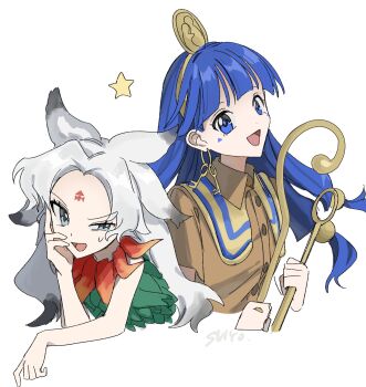 Rule 34 | 2girls, artist name, blue eyes, blue hair, brown shirt, collared shirt, commentary, earrings, facial mark, forehead tattoo, gold headdress, grey eyes, grey hair, hand on own cheek, hand on own face, highres, holding, houjuu chimi, jewelry, key earrings, leaf clothing, leaf shirt, long hair, looking at viewer, michigami nareko, multiple girls, open mouth, shirt, simple background, smile, sweatdrop, tattoo, touhou, triangle, triangle facial mark, uehara suiyo, upper body, usekh collar, white background