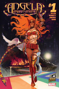 1girl angela_(marvel) armor armored_boots artist_name belt bikini_armor black_panties boots bra brown_belt brown_gloves character_name comic_cover company_name copyright_logo copyright_name cover cover_page facepaint fire floating_hair full_body gloves gluteal_fold gold_boots gold_bra holding holding_behind_back holding_sword holding_sword_behind_back holding_weapon holding_weapon_behind_back jewelry logo long_hair marvel metal_bra midriff mountain navel no_pupils official_art orange_hair panties rainbow solo stephanie_hans strapless strapless_bra sword thighlet thor_(marvel)_(series) underwear vambraces weapon western_comics_(style) winged_headwear