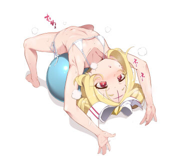 1girl :o absurdres armpits ball bare_arms bare_legs bare_shoulders barefoot bikini blonde_hair blush bright_pupils cross cross_facial_mark double_bun exercise_ball facial_mark flat_chest forehead forehead_mark forehead_tattoo full_body hair_bun hair_ribbon hands_on_ground highres loli lying mahou_shoujo_ni_akogarete medium_hair micro_bikini morino_korisu navel nekono_matatabi nero_alice on_back open_mouth red_eyes ribbon side-tie_bikini_bottom solo sound_effects spread_legs steam straight_hair sweat swimsuit tattoo translation_request white_background white_bikini white_pupils