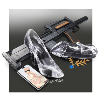 1girl assault_rifle bare_arms bare_shoulders breasts brown_hair bullpup cellphone censored censored_identity closed_mouth dress earrings girls&#039;_frontline glass_shoes glass_slipper gun high_heels highres jewelry long_hair necklace ots-14_(girls&#039;_frontline) ots-14_groza phone rifle see-through_clothes see-through_footwear sleeveless sleeveless_dress smartphone weapon white_dress xnnagu