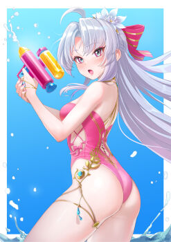 Rule 34 | 1girl, absurdres, ahoge, anarchyart, aqua eyes, artist name, ass, back cutout, bare shoulders, blush, border, bow, breasts, carlotta (splashing summer) (wuthering waves), carlotta (wuthering waves), casual one-piece swimsuit, clothing cutout, commentary request, cowboy shot, fingernails, flower, from side, grey hair, hair bow, hair flower, hair ornament, highleg, highleg one-piece swimsuit, highres, holding, holding water gun, long hair, looking at viewer, looking to the side, multicolored eyes, nail polish, official alternate costume, one-piece swimsuit, open mouth, parted bangs, partial commentary, pink bow, pink eyes, pink nails, pink one-piece swimsuit, sidelocks, small breasts, solo, striped bow, swimsuit, tacet mark (wuthering waves), thighs, two-tone eyes, variant set, water gun, white border, white flower, wuthering waves