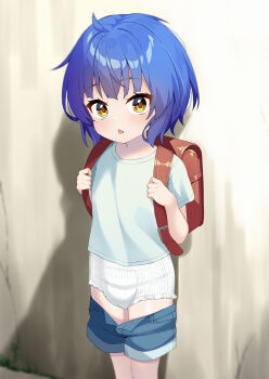 1girl :o ahoge backpack bag blue_hair blue_shorts clothes_pull commentary diaper english_commentary flat_chest gochuumon_wa_usagi_desu_ka? highres holding_strap jouga_maya loli looking_at_viewer mixed-language_commentary open_mouth paid_reward_available randoseru red_bag shirt short_hair short_sleeves shorts shorts_pull solo t-shirt triangle_mouth white_shirt win_opz yellow_eyes
