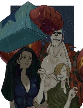 1girl 2boys absurdres black_hair blonde_hair blue_hair cigarette cropped_jacket cyborg facial_hair franky_(one_piece) bad_tag goatee hair_over_one_eye highres jacket multiple_boys muscular muscular_male nico_robin nico_robin_(return_to_sabaody) one_piece rain sanji_(one_piece) short-sleeved_jacket short_sleeves suit_jacket sunglasses tall_female tall_male water_drop yao_yasan zipper zipper_pull_tab