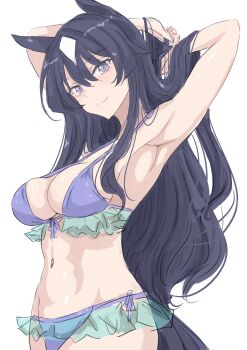 1girl absurdres animal_ears armpits arms_up bare_shoulders bikini blue_eyes blue_hair blush breasts cleavage_cutout closed_mouth clothing_cutout hair_between_eyes highres horse_ears horse_girl horse_tail ken_(shutenndouji1) large_breasts long_hair looking_at_viewer multicolored_hair navel purple_bikini simple_background smile solo stomach swimsuit tail umamusume verxina_(umamusume) white_background