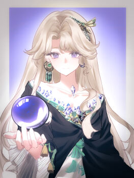 1girl beryl_bouanich black_cloak blonde_hair border cloak closed_mouth crescent crescent_earrings crystal_ball crystal_earrings dragonfly_hair_ornament dress earrings highres jewelry long_hair luanma_(295064298) mismatched_earrings outside_border parted_bangs purple_background purple_eyes reverse:1999 smile solo upper_body white_border white_dress