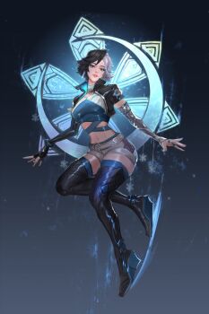 1girl black_eyes black_hair black_jacket cglas commentary english_commentary highres jacket looking_at_viewer luna_snow marvel marvel_rivals multicolored_hair short_shorts shorts simple_background smile snowflake_ornament split-color_hair thigh_armor thighhighs thighs two-tone_hair white_hair