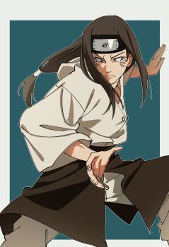 Rule 34 | 1boy, absurdres, blue background, border, brown hair, byakugan, closed mouth, forehead protector, highres, hyuuga neji, konohagakure symbol, long hair, long sleeves, looking at viewer, low-tied long hair, male focus, naruto (series), naruto shippuuden, outside border, pants, pnpk 1013, shirt, solo, veins, white border, white pants, white shirt, wide sleeves