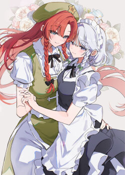 2girls absurdres apron black_bow black_ribbon black_skirt black_vest blue_eyes bow braid breasts buttons closed_mouth collared_shirt commentary_request floral_background frilled_shirt_collar frills green_hat green_skirt green_vest grey_hair hair_bow hand_on_another&#039;s_hip hat hat_ornament highres holding_hands hong_meiling interlocked_fingers izayoi_sakuya long_hair looking_at_viewer maid_headdress medium_breasts multiple_girls neck_ribbon pants parted_bangs puffy_short_sleeves puffy_sleeves red_hair ribbon sarukana shirt short_sleeves side_braids skirt smile star_(symbol) star_hat_ornament touhou vest waist_apron white_apron white_background white_pants white_shirt yuri