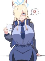 Rule 34 | 1girl, absurdres, anger vein, angry, animal ear fluff, animal ears, black jacket, blonde hair, blue archive, blue eyes, blue halo, blue jacket, blue necktie, blue shirt, blue skirt, collared shirt, cowboy shot, cup, fox ears, fox girl, hair over one eye, halo, hand up, highres, holding, holding cup, jacket, kanna (blue archive), long hair, long sleeves, looking at viewer, mug, necktie, one eye covered, open clothes, open jacket, shaded face, sharp teeth, shirt, side slit, sidelocks, simple background, sitting, skirt, solo, speech bubble, spoken anger vein, teeth, tented shirt, two-sided fabric, two-sided jacket, white background, wuwusan