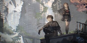 1boy 1girl absurdres agito_(agitoishere) arm_cutout black_hair black_jacket black_pants black_serafuku black_shirt black_skirt chisa_(wuthering_waves) clothing_cutout commentary_request hair_ribbon highres jacket long_hair long_sleeves male_rover_(wuthering_waves) neckerchief pants red_eyes red_neckerchief red_ribbon ribbon rover_(wuthering_waves) ruins sailor_collar school_uniform serafuku shirt signature sitting skirt standing tacet_mark_(wuthering_waves) white_sailor_collar wuthering_waves