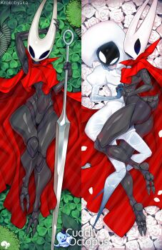 2girls arthropod_girl artist_name black_skin cloak colored_skin dakimakura_(medium) english_text flower full_body highres holding holding_weapon hollow_eyes hollow_knight horned_mask hornet_(hollow_knight) krokobyaka lace_(hollow_knight) lying mask multiple_girls needle_(hollow_knight) on_back puffy_sleeves red_cloak smile weapon white_eyes white_flower white_mask white_skin