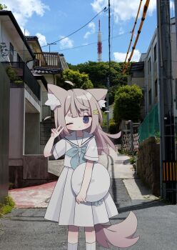 1girl ahoge animal_ear_fluff animal_ears cat_ears cat_girl cat_tail closed_mouth cloud day feet_out_of_frame grey_hair hair_ornament hand_up hat highres holding holding_another's_hat long_hair looking_at_viewer miniskirt nakkar one_eye_closed original outdoors photo_background pleated_skirt power_lines purple_eyes sailor_collar sailor_shirt shirt short_sleeves skirt sky socks solo standing tail thick_eyebrows unworn_hat unworn_headwear utility_pole w white_hat white_sailor_collar white_shirt white_skirt white_socks