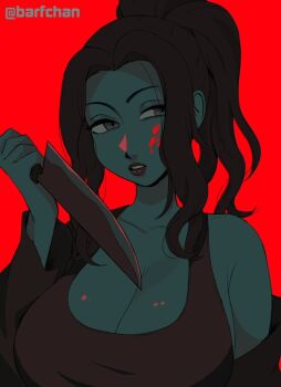 barfchan blood blood_on_face breasts cleavage knife michael_myers michael_myers_(bishoujo_terror) tagme