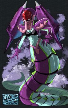 Rule 34 | 1girl, armor, artist name, cleavage cutout, clothing cutout, commentary request, doujinoisuke, em wave change (mega man), gloves, helmet, highres, lamia, looking at viewer, luna platz (mega man), mega man (series), mega man star force (series), midriff, monster girl, mouth veil, purple armor, purple gloves, purple helmet, queen ophiuca (mega man), red eyes, shoulder armor, signature, veil