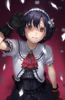 1girl ascot black_hair confetti dress earrings gloves highres idolmaster idolmaster_cinderella_girls jewelry kouzuki_kei looking_at_viewer purple_eyes shiragiku_hotaru short_hair smile solo