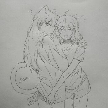 2girls animal_ears anisphia_wynn_palettia bite_mark bite_mark_on_shoulder bite_mark_on_thigh blush cat_ears cat_girl cat_tail closed_mouth commentary_request euphyllia_magenta flying_sweatdrops greyscale hickey highres kemonomimi_mode long_hair medium_hair monochrome multiple_girls shirt shorts tail tensei_oujo_to_tensai_reijou_no_mahou_kakumei traditional_media yuri yuu_youuu
