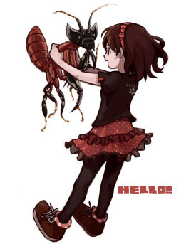 1girl :d animal black_eyes black_pants bow brown_hair english_text frilled_skirt frills full_body giant_insect hair_bow hairband holding holding_animal looking_at_another mantis open_mouth original pants polka_dot praying_mantis red_skirt sachy_(sachichy) shoes short_hair short_sleeves simple_background skirt smile text_focus white_background