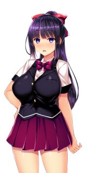 1girl black_hair blunt_bangs blush bow bowtie breasts cowboy_shot empty_eyes game_cg hair_bow hand_on_own_hip high_ponytail kisaragi_nozomi large_breasts large_variant_set long_hair looking_at_viewer miniskirt non-web_source official_art open_mouth pleated_skirt ponytail purple_eyes purple_hair purple_skirt red_bow red_skirt satou_kuuki school_uniform shinsou_seiki_elementia shirt short_sleeves sidelocks skirt solo standing transparent_background variant_set vest white_shirt