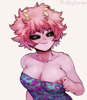 1girl artist_name ashido_mina black_sclera boku_no_hero_academia breasts clothes_pull colored_sclera colored_skin fluffydango horns large_breasts lip_biting nipple_slip nipples one_breast_out pink_hair pink_skin pulling_own_clothes self_exposure smile solo yellow_eyes