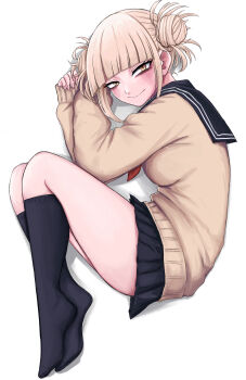 1girl absurdres blonde_hair blunt_bangs boku_no_hero_academia commentary_request double_bun full_body hair_bun highres kneehighs long_sleeves looking_at_viewer mentai0127 sailor_collar school_uniform short_hair simple_background socks solo toga_himiko white_background yellow_eyes