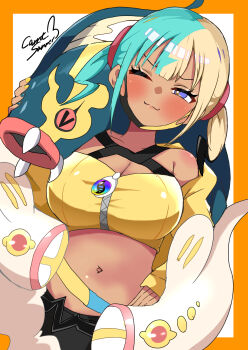 1girl absurdres aqua_hair bandeau black_mask blonde_hair blue_eyes blue_skin blush breasts canari_(pokemon) carrot_summer cleavage closed_eyes closed_mouth collarbone colored_sclera colored_skin criss-cross_straps dark-skinned_female dark_skin eel eelektross fangs fish gen_5_pokemon highres jacket lamprey large_breasts long_sleeves looking_at_viewer mask mask_pull mega_eelektross mega_pokemon mega_stone mouth_mask multicolored_hair multicolored_skin navel nintendo one_eye_closed open_mouth pants pokemon pokemon_(creature) pokemon_legends:_z-a red_sclera short_twintails smile split-color_hair sports_bra twintails two-tone_hair two-tone_mask two-tone_skin white_skin yellow_bandeau yellow_jacket yellow_mask yellow_sports_bra