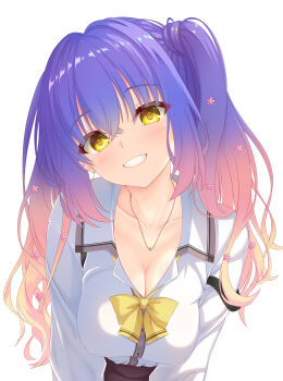 1girl :d blue_hair blush breasts cleavage collarbone collared_shirt commentary_request covered_erect_nipples crossed_bangs earclip earrings gradient_hair grin gyaru hair_between_eyes hair_over_shoulder happy head_tilt highres hirocchi jewelry kogal kohibari_kurumi large_breasts leaning_forward long_hair long_sleeves looking_at_viewer mizuka_academy_school_uniform multicolored_hair necklace open_mouth pink_hair school_uniform shirt simple_background smile solo tenshi_souzou_re-boot! twintails upper_body white_background white_shirt yellow_eyes yellow_pupils