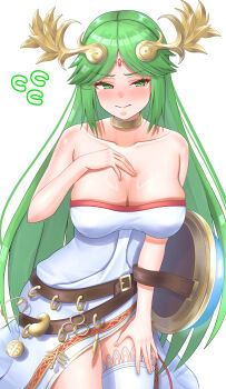1girl absurdres averting_eyes bare_shoulders blush breasts closed_mouth collarbone commentary_request dress flying_sweatdrops green_eyes green_hair highres kid_icarus kid_icarus_uprising large_breasts long_hair meipasuye nintendo no_necklace palutena shield simple_background single_thighhigh smile solo standing thighhighs very_long_hair white_background white_dress white_thighhighs
