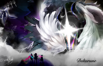 1girl 2boys 3others afterimage angel_wings antlers axe black_knife_(deltarune) cape chromatic_aberration dated deltarune eldritch_abomination feathered_wings floating gerson giant glowing glowing_eye head_wings highres holding holding_axe holding_sword holding_weapon hole_in_hand horns kris_(dark_world)_(deltarune) kris_(deltarune) levitation lightning living_shadow multiple_boys multiple_others multiple_wings one-eyed pink_cape pink_scarf ralsei roaring_knight scarf signature silhouette stigmata susie_(dark_world)_(deltarune) susie_(deltarune) sword sword_on_back titan_(deltarune) torn_cape torn_clothes utdr_(toby_fox) wafrelp weapon weapon_on_back wings