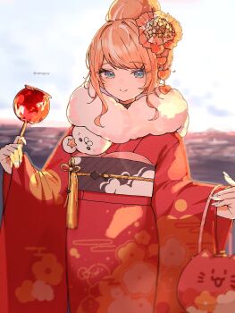 1girl aqua_eyes backlighting bag blurry blurry_background candy candy_apple closed_mouth commentary cowboy_shot egasumi fang floral_print floral_print_kimono flower_knot food fur_shawl hair_bun hair_ornament handbag hands_up highres holding holding_candy holding_food igarashi_rika japanese_clothes kanzashi kimono long_nose long_sleeves looking_at_viewer multicolored_hair neko_kai-san nijisanji obi obiage obidome obijime orange_hair print_kimono red_kimono sash shawl sidelocks skin_fang smile solo streaked_hair tassel twitter_username virtual_youtuber white_streaks