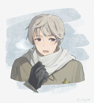 Rule 34 | 1boy, artist name, axis powers hetalia, black gloves, blue background, blush, border, character name, coat, commentary, gloves, grey coat, grey hair, hand up, highres, looking to the side, male focus, medal, open mouth, outside border, purple eyes, purple pupils, russia (hetalia), scarf, short hair, simple background, solo, star ornament, symbol-only commentary, teeth, upper body, white border, white scarf, ymgr64