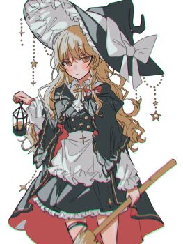 1girl adapted_costume amatukimahoro arm_up black_cape black_dress black_hat black_sleeves black_straps blonde_hair bow braid braided_sidelock broom cape chromatic_aberration closed_mouth collar commentary_request cowboy_shot crossed_bangs dress frilled_dress frilled_hat frills gold_buttons gold_trim hair_bow hat hat_bow hat_ornament hat_ribbon highres holding holding_broom holding_lantern jewelry jitome kirisame_marisa lantern layered_sleeves light_frown long_hair long_sleeves neck_ribbon necklace red_cape ribbon short_over_long_sleeves short_sleeves single_sidelock solo star_(symbol) star_hat_ornament star_necklace thigh_strap touhou two-sided_cape two-sided_fabric wavy_hair white_bow white_collar white_ribbon white_sleeves witch witch_hat yellow_eyes yellow_ribbon
