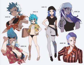 2girls angry bandages belt bikini black_eyes blinking blue_hair breasts cleavage_cutout clothing_cutout denim female_focus formal_clothes franky_(one_piece) genderswap genderswap_(mtf) glasses hair_ornament highres iceburg jeans large_breasts loli long_hair looking_at_viewer looking_down looking_to_the_side multiple_girls aged_up one_piece pants shirt short_hair sleeveless sleeveless_shirt smile swimsuit tattoo time_progression tongue tongue_out tools wood aged_down