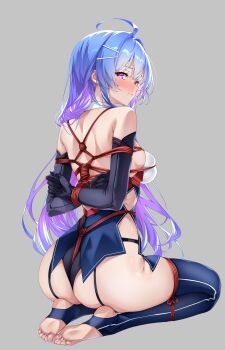 1girl a_raku ahoge azur_lane blue_hair blush bound grey_background helena_(azur_lane) highres purple_eyes simple_background solo