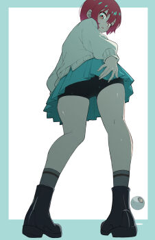 1girl amate_yuzuriha aqua_border aqua_skirt bike_shorts bike_shorts_under_skirt black_boots black_shorts boots border commentary_request from_below gundam gundam_gquuuuuux haro highres looking_down mashiroshiro outside_border pleated_skirt red_eyes red_hair short_hair shorts skirt solo standing sweater white_sweater