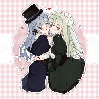 2girls absurdres artist_request bang_dream! bang_dream!_it's_mygo!!!!! black_ribbon blue_hair chinese_commentary closed_mouth commentary_request commission cosplay cowboy_shot dress green_dress green_hair hair_ribbon hat headscarf highres holding_hands hug interlocked_fingers lolita_fashion long_hair long_sleeves looking_at_viewer multiple_girls outline pink_background porkpie_hat ribbon rozen_maiden second-party_source sidelocks smile souseiseki souseiseki_(cosplay) standing suiseiseki suiseiseki_(cosplay) togawa_sakiko two_side_up wakaba_mutsumi white_headscarf white_outline yellow_eyes yuri