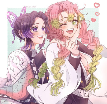 2girls :d ;d belt belt_buckle black_jacket blush breasts buckle butterfly_hair_ornament cleavage commentary_request demon_slayer_uniform dress_shirt gradient_hair green_hair hair_intakes hair_ornament hand_on_another's_shoulder hand_on_own_cheek hand_on_own_face haori heart highres jacket japanese_clothes kanroji_mitsuri kimetsu_no_yaiba kochou_shinobu kuze_0131 long_sleeves medium_breasts mole mole_under_each_eye mole_under_eye multicolored_hair multiple_girls multiple_moles one_eye_closed open_clothes open_jacket open_mouth open_shirt partially_unbuttoned pink_hair purple_hair shirt short_hair_with_long_locks smile tri_braids twitter_username white_belt white_shirt