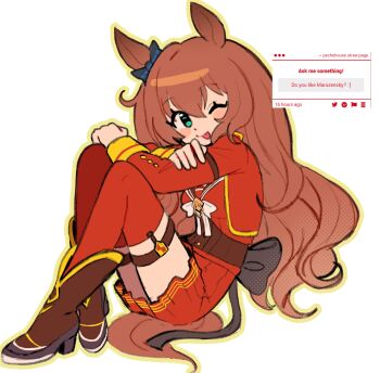 1girl absurdres animal_ears blue_bow blue_eyes blush boots bow breasts brown_boots brown_hair brown_sailor_collar commentary cropped_jacket ear_bow english_commentary green_eyes hair_between_eyes highres horse_ears horse_girl horse_tail jacket long_hair long_sleeves looking_at_viewer maruzensky_(formula_r)_(umamusume) maruzensky_(umamusume) medium_breasts one_eye_closed pechehouse red_jacket red_serafuku red_shirt red_skirt red_thighhighs sailor_collar school_uniform serafuku shirt skirt smile solo tail thigh_strap thighhighs thighs tongue tongue_out umamusume