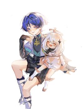 1boy 1girl aqua_kimono aqua_sleeves armor arms_at_sides black_bodysuit black_bow black_bridal_gauntlets black_scarf black_shorts blunt_ends blush bodysuit boots bow bridal_gauntlets bright_pupils closed_eyes closed_mouth commentary_request covered_collarbone diamond_hair_ornament eyeliner facing_away genshin_impact gold_ring grey_eyes gunocha hair_between_eyes hakama hakama_shorts halo hand_up height_difference highres japanese_armor japanese_clothes juban kimono kote kurokote layered_sleeves leg_warmers long_sleeves looking_at_another makeup mechanical_halo medium_hair middle_ring multicolored_hair open_clothes open_kimono open_mouth paimon_(genshin_impact) pleated_shorts purple_hair red_eyeliner romper scaramouche_(genshin_impact) scarf short_sleeves shorts shoulder_peek side-by-side sitting sketch smile streaked_hair tsurime turtleneck turtleneck_bodysuit wanderer_(genshin_impact) white_background white_boots white_hair white_kimono white_leg_warmers white_pupils white_romper white_sleeves