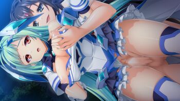 1futa 1girl aqua_eyes aqua_hair black_hair blue_eyes breasts breasts_out censored chest_jewel dutch_angle exs-tia_aqua floating_headgear forehead_jewel frills futa_with_female futanari game_cg gloves gluteal_fold grabbing_another&#039;s_breast grabbing_from_behind green_hair groping headgear hetero kamitsurugi_ouka kouyoku_senki_exs-tia_concert kunijima_chiaki large_breasts large_variant_set leotard long_hair magical_girl mosaic_censoring night nipples non-web_source official_art open_mouth outdoors penis pussy red_eyes sex shiny_skin short_hair skirt smile standing thighhighs torn_clothes torn_skirt vaginal variant_set very_long_hair wauri_(exs-tia_concert) white_gloves