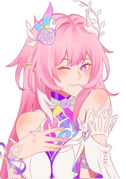 1girl bare_shoulders breasts corrupted_twitter_file cyrene_(honkai:_star_rail) cyrene_(ripples_of_past_reverie)_(honkai:_star_rail) diamond-shaped_pupils diamond_(shape) dress flower hair_flower hair_ornament hashtag-only_commentary highres honkai:_star_rail honkai_(series) large_breasts long_hair looking_at_viewer multicolored_hair nevinevixart pink_hair purple_eyes simple_background solo symbol-shaped_pupils two-tone_hair upper_body very_long_hair white_background white_dress white_hair