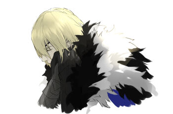 2boys black_fur black_gloves blonde_hair blue_cape cape cha_(fvaw7353) commentary_request cropped_torso dimitri_alexandre_blaiddyd dimitri_alexandre_blaiddyd_(timeskip) eyepatch fire_emblem fire_emblem:_three_houses from_side fur_trim gloves hand_on_another&#039;s_face holding_hands male_byleth_(fire_emblem) male_focus medium_hair multiple_boys nintendo one_eye_closed parted_bangs simple_background white_background white_fur yaoi